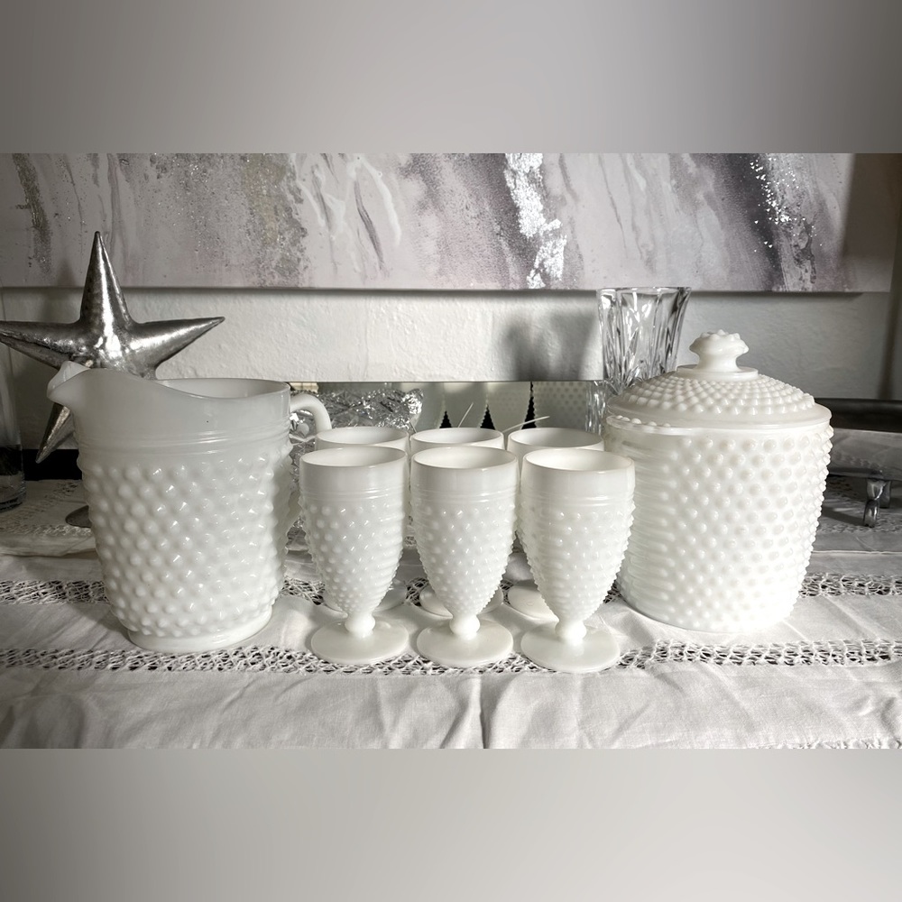 HOBNAIL Milk Glass Water Pitcher AND Ice Bucket